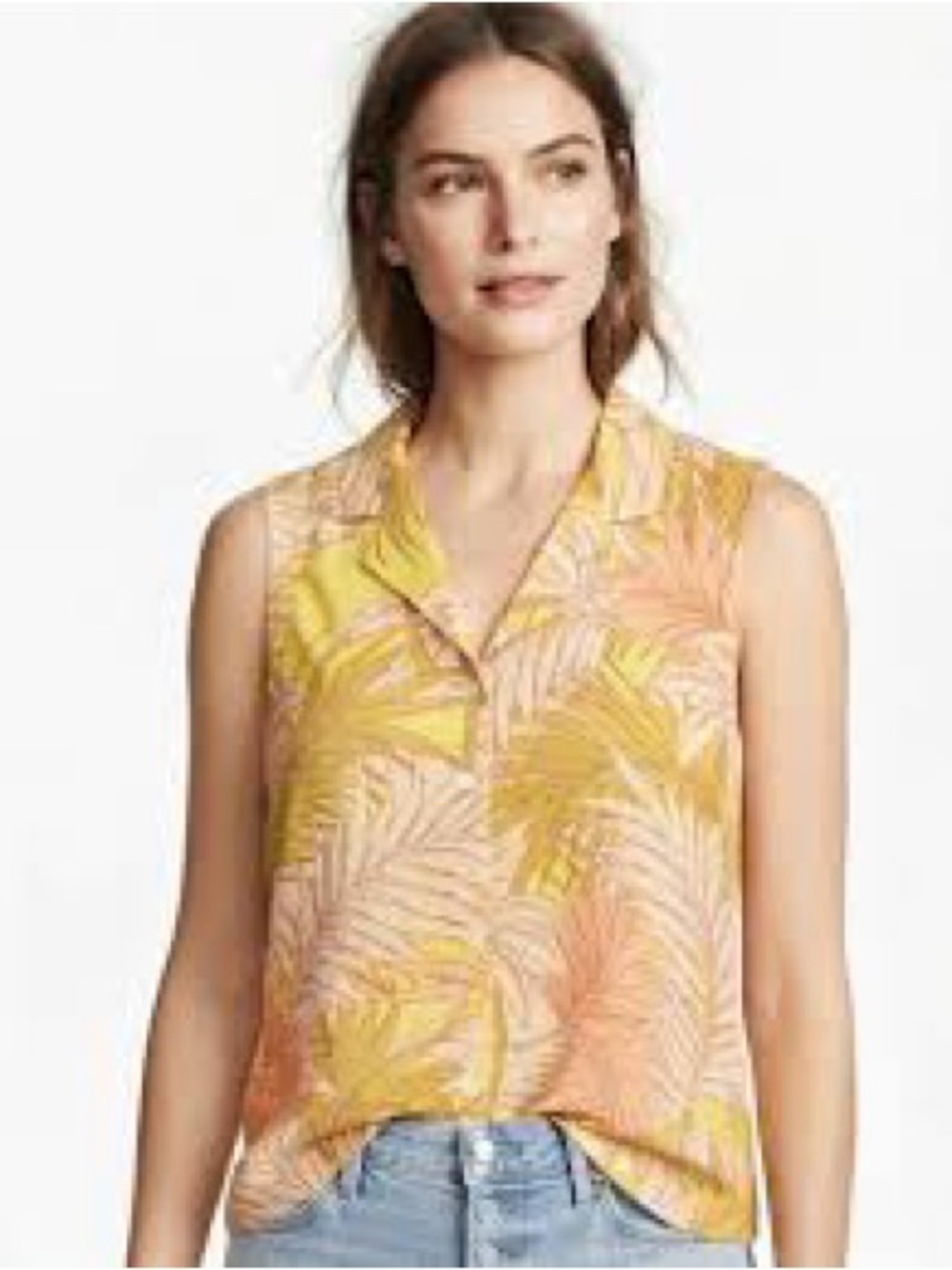 Tahari Yellow & Peach Tropical Print Sleeveless V-Neck Camisole